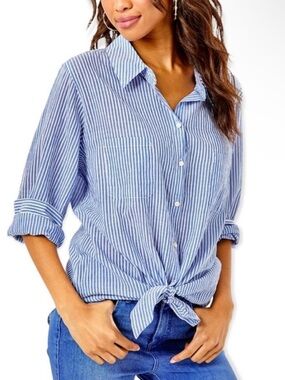 Lilly Pulitzer Sea View Button Down Shirt Coastal Blue Stripe Size XL